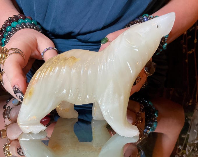 Vintage White & Gold Calcite Bear ~ Large 1 Lb. 6 oz.~ 5" Long ~ Hand Carved Museum Quality ~ Swirling Colors ~ Free Shipping, U.S.A.