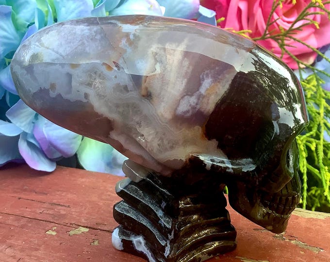 Agate Crystal Alien Skull ~ 12 oz. ~ 4" Long ~ Colorful Black Purple Red and White ~ One-of-a-Kind ~ Expertly Hand Carved Sculpture