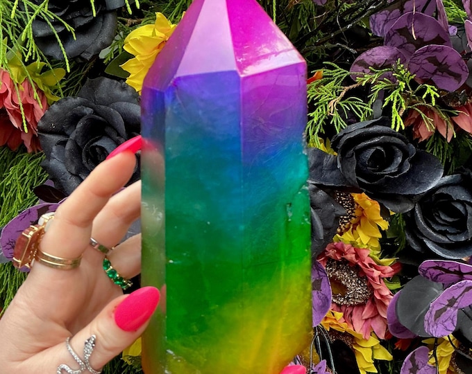 Rainbow Aura Fluorite Crystal Generator ~ 3 lb. 13 oz.~ 7" Tall Tower ~ Colorful Pink Blue Green Yellow Color ~ Fast & Free Shipping U.S.A.