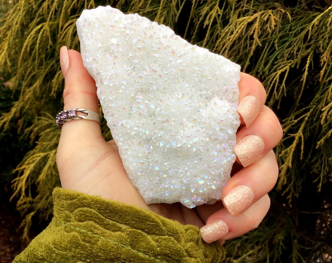 White Angel Aura Quartz Crystal Cluster ~8 oz. ~ 4" Long ~ Iridescent Sparkly Points ~ Crown Chakra Altar Display ~ Metaphysical Home Decor
