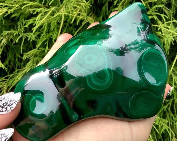 Malachite Crystal Freeform ~ Large 1 Lb. 3 oz. ~ 4 1/2" Long ~ Swirling Bullseye Patterns ~ Beautiful Polished Green Mineral Specimen, Congo