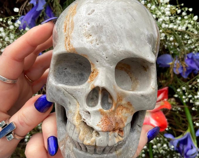 Fluorite Crystal Skull ~ Large 2 Lb. 10 oz. ~ 5" Tall ~ Hand Carved Sculpture ~ Purple, Gold, Gray Rainbow Colors ~ Metaphysical Home Decor