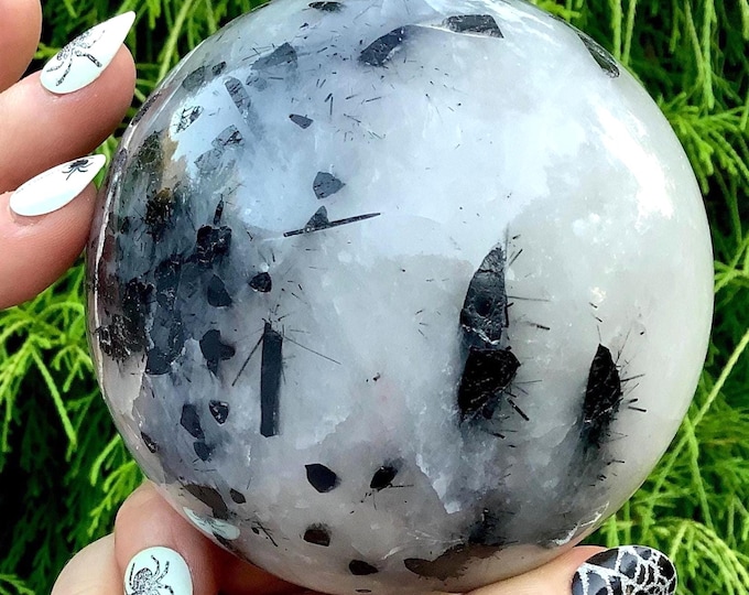 Black Tourmaline Snow Quartz Crystal Ball ~ Large 2 lb. 2 oz. ~ 4" Wide ~ Metaphysical Home Decor ~ Meditation Sphere, Grounding, Reiki Tool