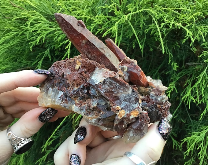 Red Quartz Crystal Cluster ~ Large 10.9 oz ~ 5" Long ~ Perfect Long Points ~ Mined In Morocco ~ Kundalini, Root Chakra, Fast & Free Shipping