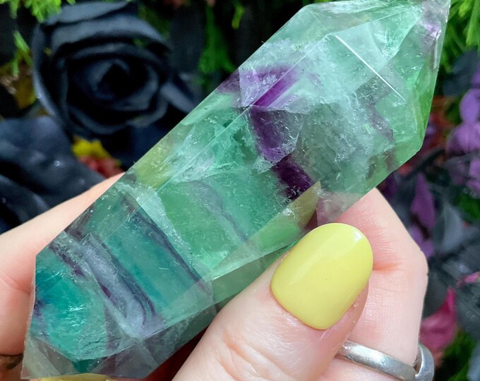 Rainbow Fluorite Double Terminated Wand ~ Large 5.2 oz. ~ 4" Long ~ Clear, Green, Purple
