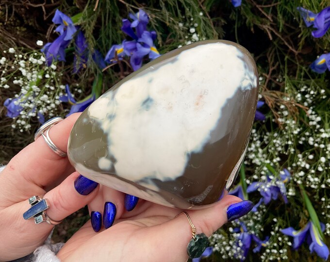 Orca Agate Freeform Crystal ~ Large 1 Lb. 10 oz.  ~ 4" Long ~ Stunning Blue Golden & White Colors ~ Handheld Polished Smooth Stone