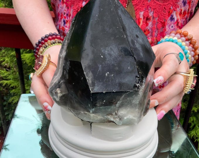 Black Morion Quartz Display Crystal 5 Lb. 6 oz.  Single-Terminated Point Cluster ~ 6" Tall ~Natural Black Color ~ Custom Hand Carved Stand