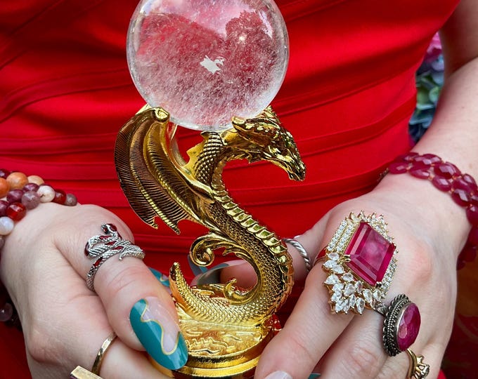 Brazilian Clear Quartz Crystal Ball ~ 5 oz. ~ 2 " Wide ~ with Golden Dragon Display Stand ~ Fast & Free Shipping from USA ~ Tariff Free
