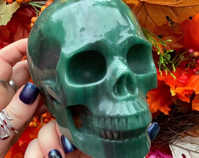Green Aventurine Crystal Skull ~ Large 2 Lb. 14 oz. ~ 5" Long ~ Swirling Colors ~ One of-a Kind Hand Carved Sculpture ~ Fast Shipping U.S.A.