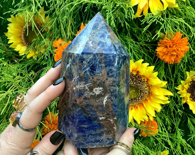 Sodalite Crystal Generator ~ Large 2 lb. 10 oz. ~ 5 1/2" Tall ~ Sparkling Polished Tower ~ White, Blue, Gold Colors ~ Free & Fast Shipping