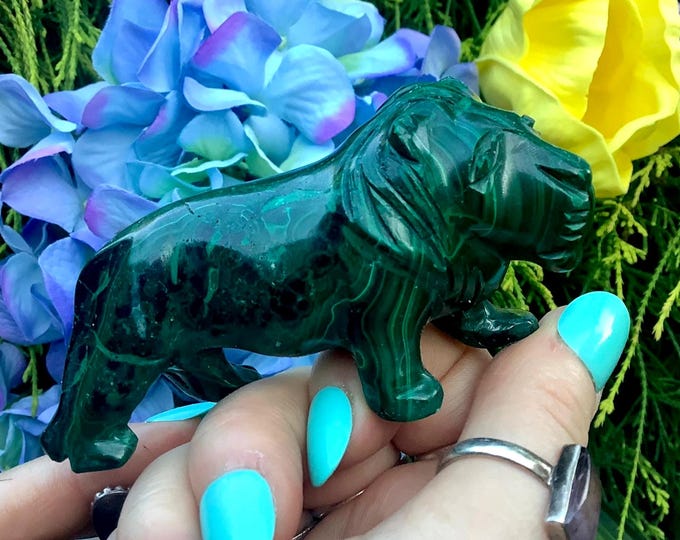 Malachite Crystal Lion ~ 6 oz. ~ 3 1/2" Long ~ Vintage Carving~ Polished and Hand Carved in Congo, Africa ~ Fast & Free Shipping, U.S.A ~