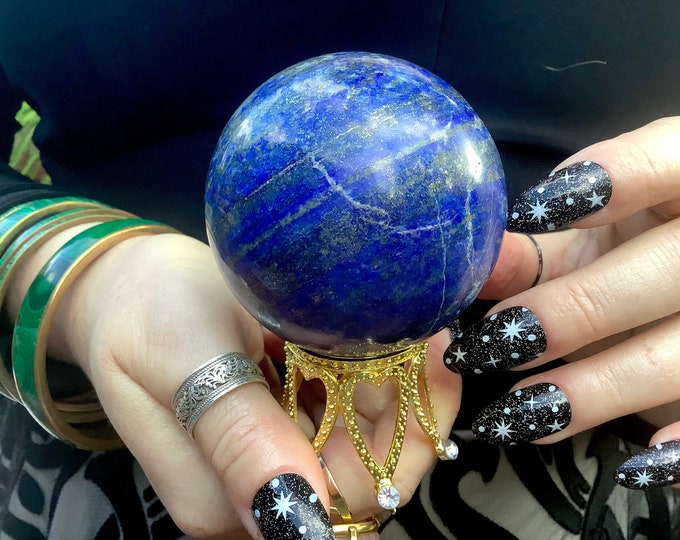 Lapis Lazuli Crystal Ball ~ 14 oz. ~ 2 1/2" Wide ~ w/ Decorative Display Stand ~ Stunning Indigo Blue with Gold Pyrite Inclusions ~