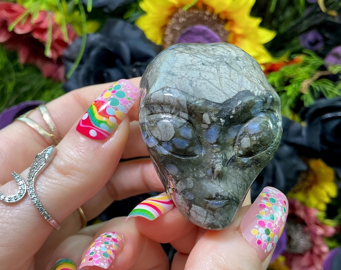 Que Sera Opal Crystal Mini Alien Skull ~ Large 5 oz ~ 2" Long ~ One-of-a-Kind Blue Gray Color ~ Hand Carved Sculpture ~ Fast & Free Shipping