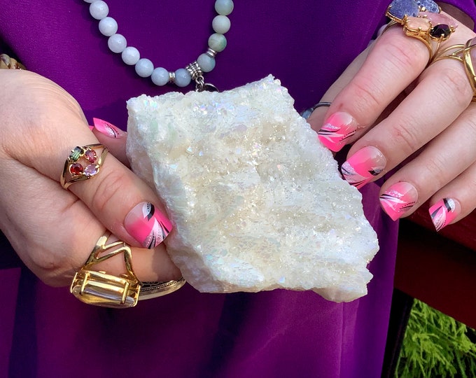 White Aura Quartz Crystal Cluster ~ Large 12 oz. ~ 4" Long ~ Electric Pearlescent Rainbow Iridescent Sparkling Points ~ Fast & Free Shipping