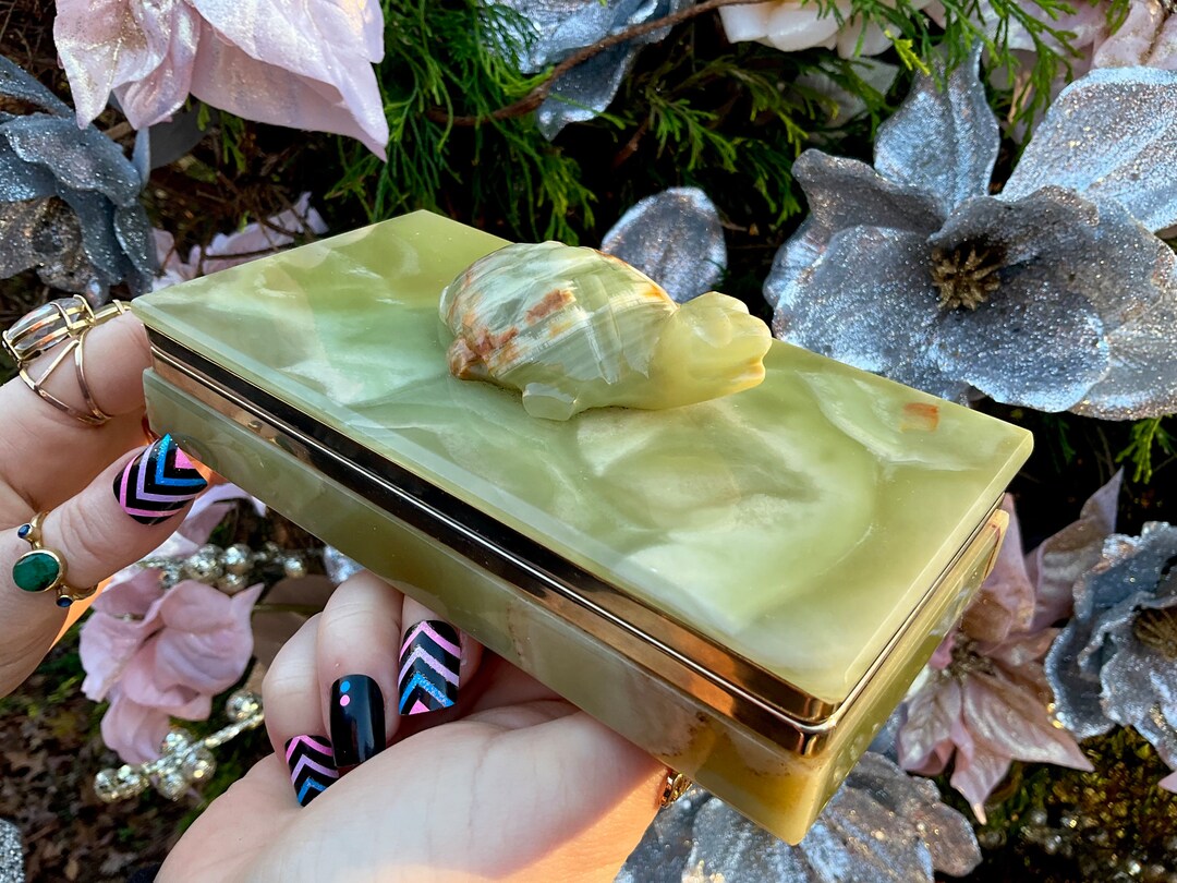 Afghan Jade Jewelry Box With Lid 6 1/2 Long Vintage Hand Carved Turtle