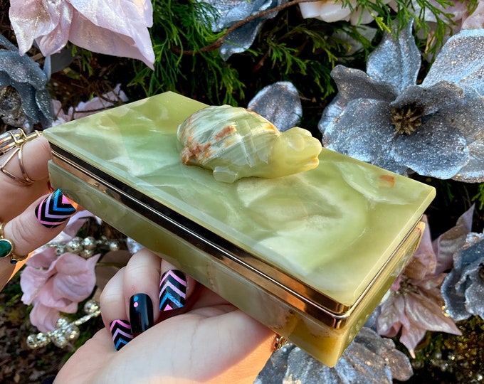 Afghan Jade Jewelry Box with Lid ~ 6 1/2 " Long ~ Vintage Hand Carved Turtle Display Charging Box ~ Swirling Green Red & Golden Pattern