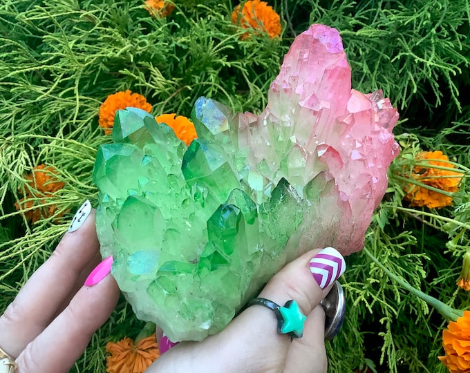 Pink & Green Aura Quartz Crystal Cluster ~ Large 1 Lb. 12 oz. ~ 6" Long ~ Sparkling Electric  Rainbow Iridescent Points ~ Fast Free Shipping