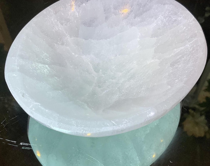 Selenite Crystal Jewelry Dish ~ Large 1 Lb. 2 oz. - 5" Round ~ Beautiful Polished Transparent White Mineral ~ Swirling Pearlescent Patterns