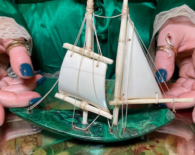 Malachite Sailboat Carving 6 oz. ~ Vintage Detailed Sail Rigging ~ 5" Tall ~ Hand Crafted from Congo ~ 6" Long ~ Museum Quality