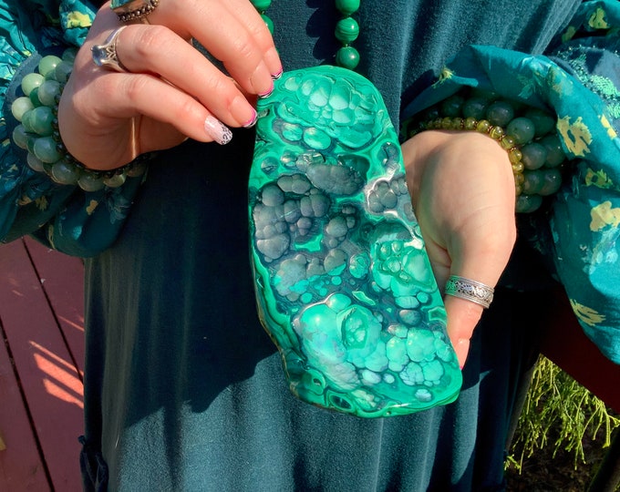 Malachite Freeform Crystal ~ Large 1 Lb. 6 oz. ~ Swirling Bullseye Patterns ~ 6 1/2" Long ~ Beautiful Polished Green Mineral Specimen, Congo
