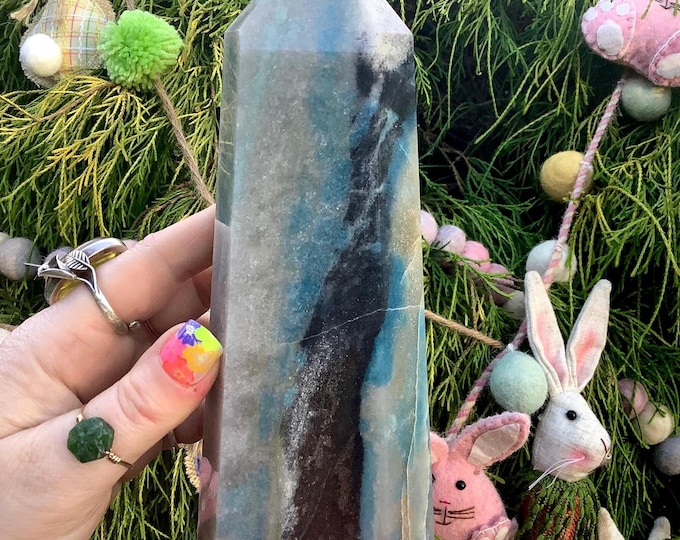 Trolleite Crystal Generator ~ Large 1 Lb. 12 oz. ~ 7" Tall Tower ~ Swirling Blue, Black Sand Colors ~ Fast & Free Shipping
