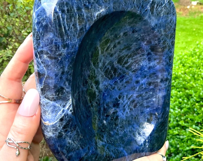 Blue Sodalite Crystal Bowl ~ Large 4 Lb. 2 oz. ~ 7" Long ~ Beautiful Blue, White & Black Polished Mineral Specimen ~ Fast and Free Shipping