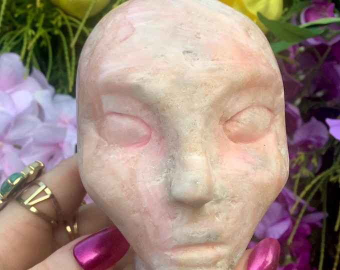 Pink Aragonite Vulcan, Elf, Pixie, Alien Skull Crystal Large 1 Lb. 9 oz. ~ 4" Tall ~Beautiful Sparkling Pink & White Crystal Sculpture