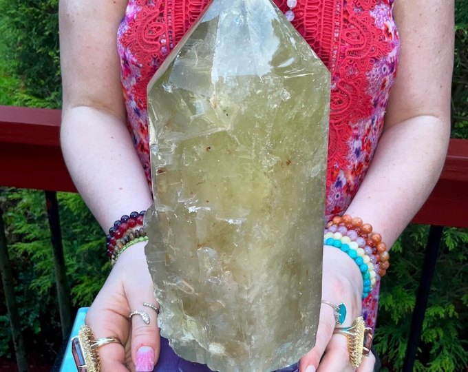 Clear Citrine Quartz Crystal Point ~ 9 Lb. 5 oz. ~ 11" Tall~ Sparkling Yellow with Golden Rainbow Inclusions ~ Custom Hand Carved Stand