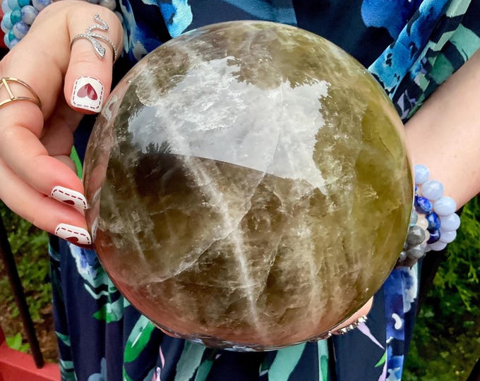Smokey Citrine Crystal Ball ~ Large 10 Lb. 14 oz. ~ 6" Wide ~ Swirling White Banded Lines ~ Sparkling Silver & Gold Inclusions ~ Home Decor