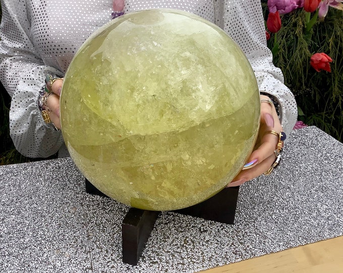 Huge Citrine Crystal Ball: 47 lb, 9" Golden Sphere with Wooden Stand