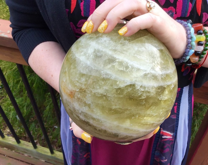 Citrine Crystal Ball ~ Large 10 Lb. 14 oz. ~ 6" Wide Yellow Quartz Sphere ~ Swirling White Banded Lines ~ Sparkling Silver & Gold Inclusions