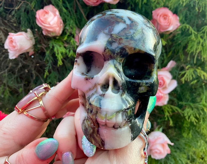 Green Jasper Crystal Skull ~ Large 1 Lb. 8 oz. ~ 5" Long ~ Hand Carved Display ~ Swirling Green, Black & White Colors ~ Fast Shipping, USA ~