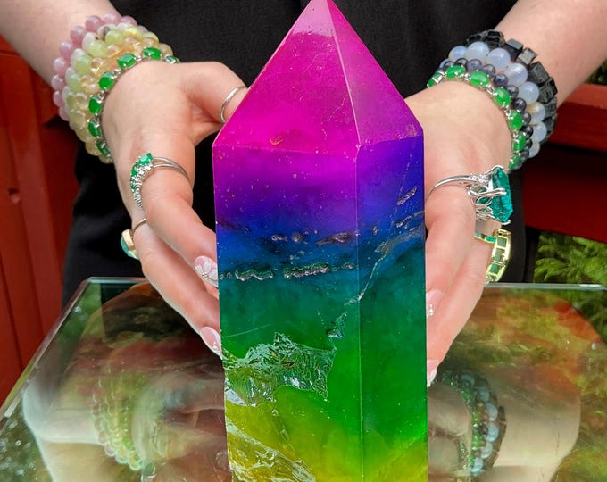 Rainbow Aura Fluorite Crystal Generator ~ 3 lb. 4 oz.~ 7" Tall Tower ~ Colorful Pink Blue Green Yellow Color ~ Fast & Free Shipping U.S.A.