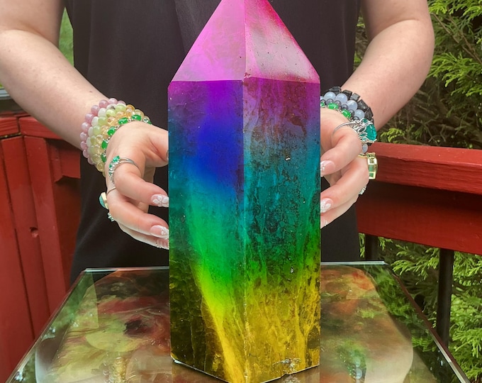 Rainbow Aura Fluorite Crystal Generator ~ 12 lb. ~ 11" Tall Tower ~ Colorful Pink Blue Green Yellow Color ~ Fast & Free Shipping U.S.A.