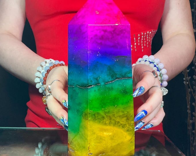 Rainbow Aura Fluorite Crystal Generator ~ Large 6 Lb. 13 oz. ~ 9" Tall Tower ~ Swirling Purple Green & Yellow Colors ~ Fast, Free Shipping