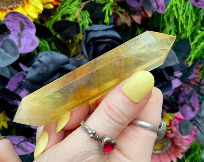 Rainbow Fluorite Double Terminated Wand ~ Large 2.6 oz. ~ 4" Long ~ Yellow, Gold, Purple ~ Fast & Free Shipping, USA + Global Shipping