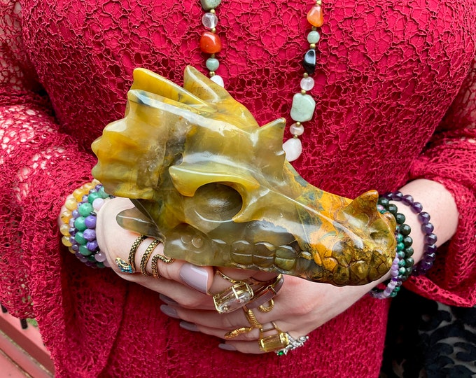 Tigers Eye Jade Dragon Crystal Skull ~ Large 1 Lb. 6 oz. ~ 5" Long ~ Hand Carved Dragon Sculpture ~ Sparkling Colors ~ Fast Shipping U.S.A.