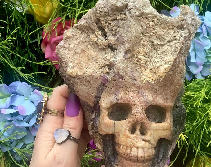 Amethyst Crystal Skull ~ 2 Lb. 7 oz. ~ 7" Tall ~ Expertly Hand-Carved Sculpture on Natural Matrix ~ Sparkling Purple Black & Beige Colors