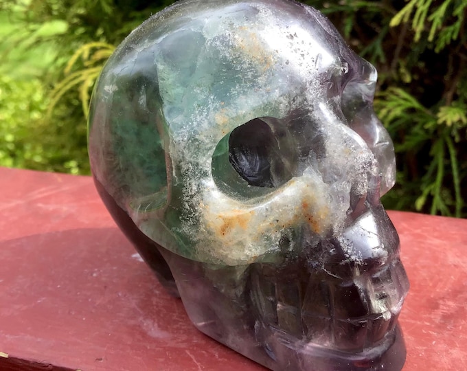 CLEARANCE ~ Rainbow Fluorite Crystal Skull ~ Large 1 Lb. ~ 2 1/2" Tall ~ Hand Carved ~ Translucent Green & Purple Crystal Sculpture