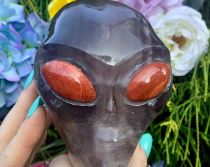 Purple Fluorite Crystal Alien ~ Large 3 Lb. 5 oz. ~ 4" Long ~ Red Jasper Eyes ~ One-of-a-Kind Expertly Hand Carved Skull ~ Fast Shipping USA