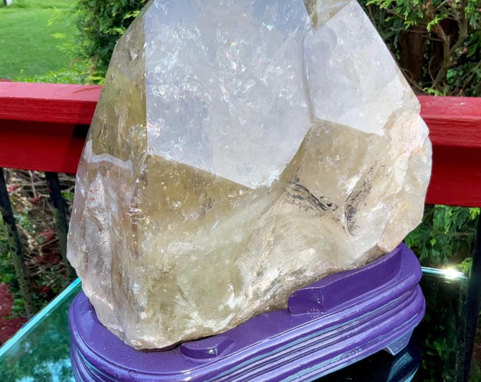 Clear Citrine Quartz Crystal Point ~ 19 Lb.  11 oz. ~ 8" Tall~ Sparkling Yellow with Golden Rainbow Inclusions ~ Custom Hand Carved Stand