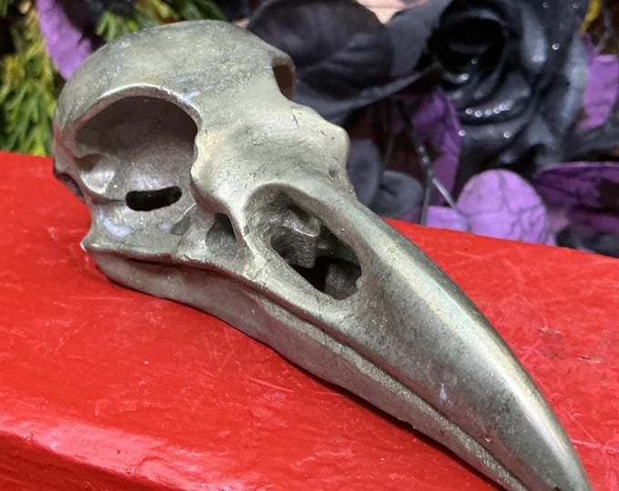 Pyrite Raven Bird Skull Pendant Necklace Large 8 oz. ~ 5" Long One-of-a-Kind Sculpture
