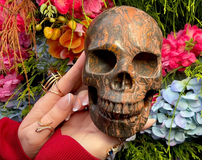Fossilized Jasper Crystal Skull ~ Large 2 Lb. 14 oz.  ~ 5" Long ~ Hand Carved Sculpture ~ Golden Red Brown & Black Colors, Fast Shipping USA
