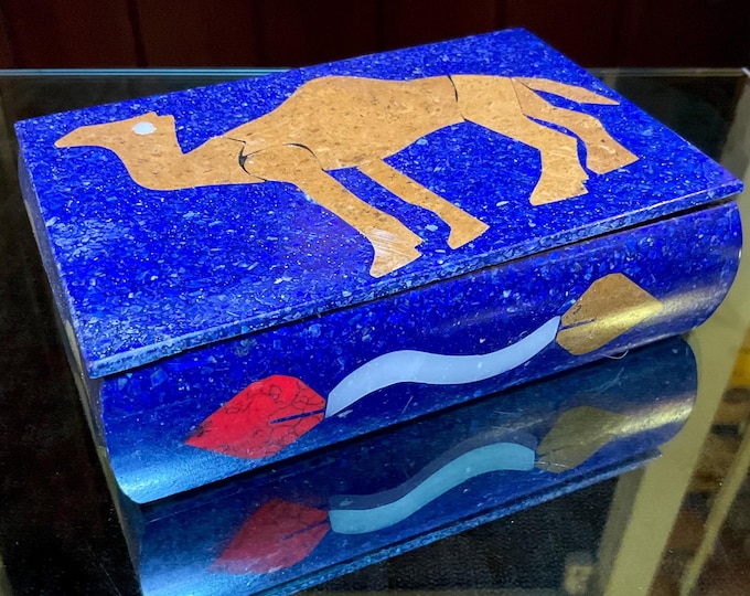 CLEARANCE! ~ Lapis Lazuli Jewelry Box with Lid~ 6" Long ~ Handmade from Afghanistan ~ Vintage ~ Inlaid Yellow Jasper Camel