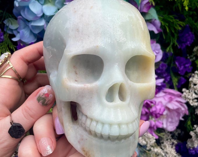 Amazonite Crystal Skull ~ 2 Lb. 14 oz. ~ 5" Long ~ One-of-a-Kind Green, White & Blue Colors ~ Expertly Hand Carved Sculpture
