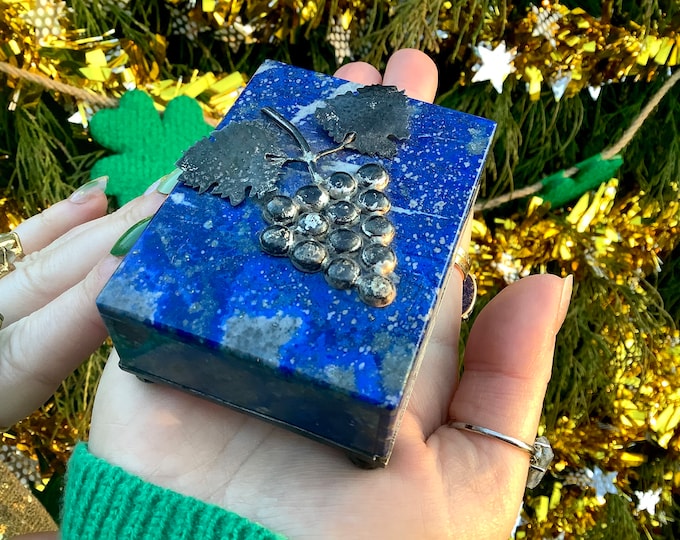 Lapis Lazuli Jewelry Box with Lid ~ 3" Long ~ Handmade from Russia with Silver Accents~ Vintage Display with Swirling Blue with Gold Pyrite