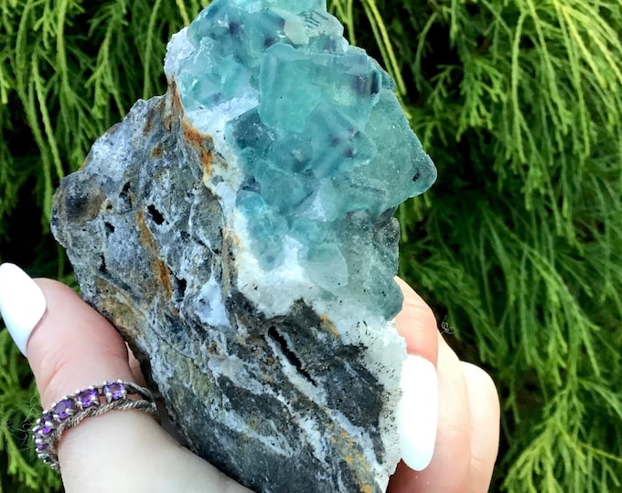 Blue & Purple Fluorite Crystal Cluster ~ 8.7 oz. ~ 3 1/2“Long ~ Sparkling White Matrix ~ Natural Cubic Formation ~ Fast, Free Shipping