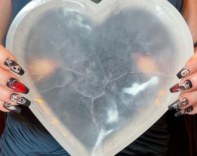 Selenite Heart Shaped Crystal Jewelry Dish ~ Large 3 Lb. 8 oz. - 7 1/2" Oval ~ Transparent White Mineral ~ Swirling Pearlescent Patterns