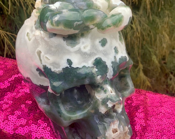 Moss Agate 2 Lb. 14 oz. Crystal Skull with Scorpion ~ 5" Long ~