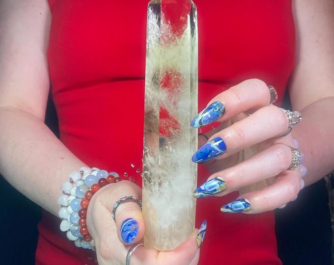 High Altitude Himalayan Citrine Quartz Crystal Wand ~ Large 9 oz. ~ 7" Long ~ Clear Natural Colors, Sparkling Rainbow Inclusions